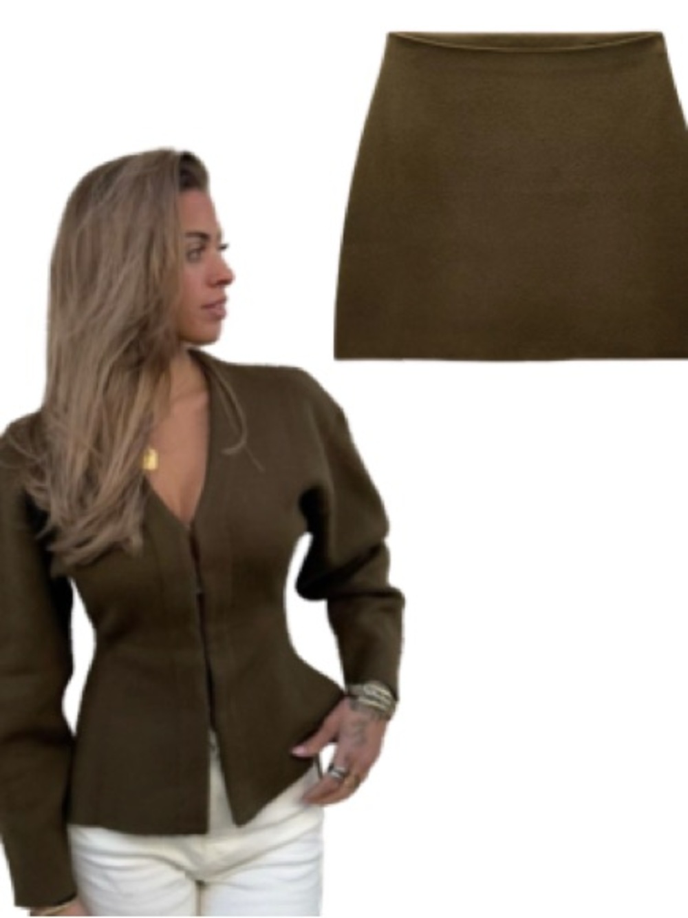 (SET OF 2!) 🫒 Zara Olive Brown Knit Skirt V-Neck Button Peplum Top & Mini Skirt